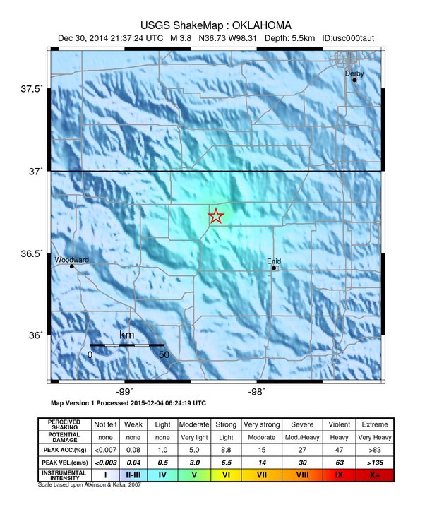 USGS ShakeMap: estimated shaking intensity around the epicenter