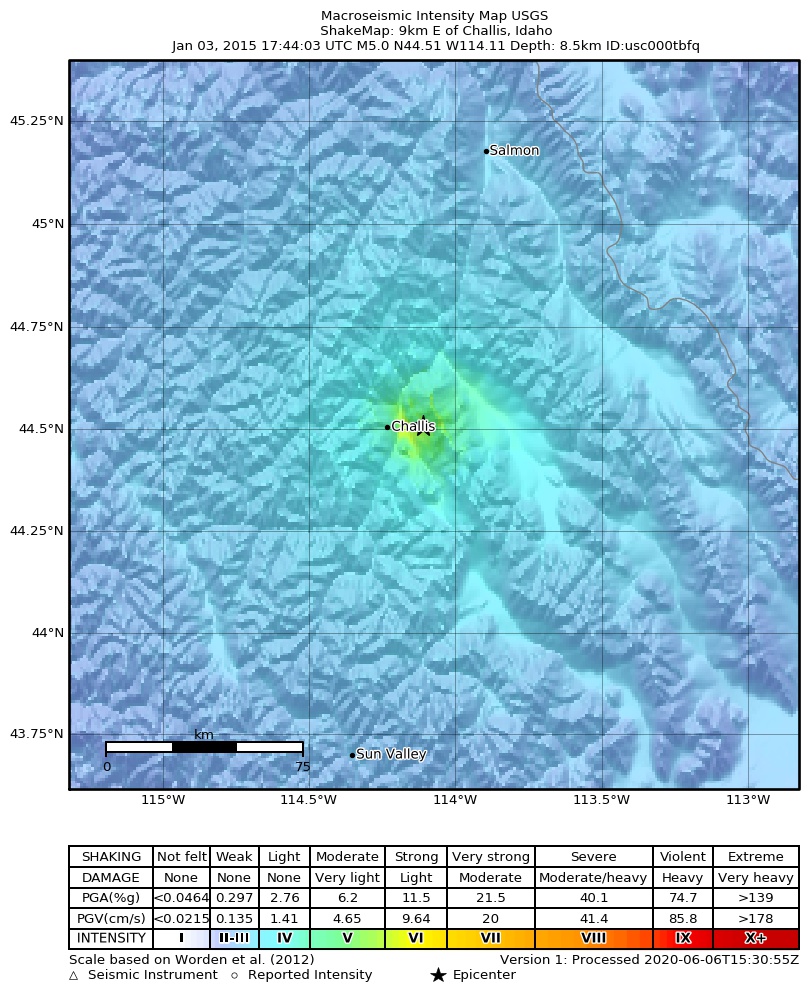 USGS ShakeMap: estimated shaking intensity around the epicenter