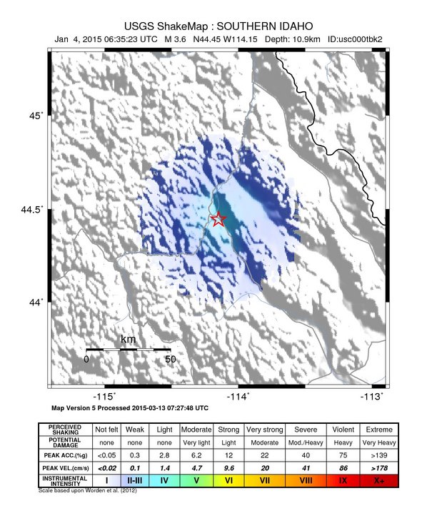 USGS ShakeMap: estimated shaking intensity around the epicenter