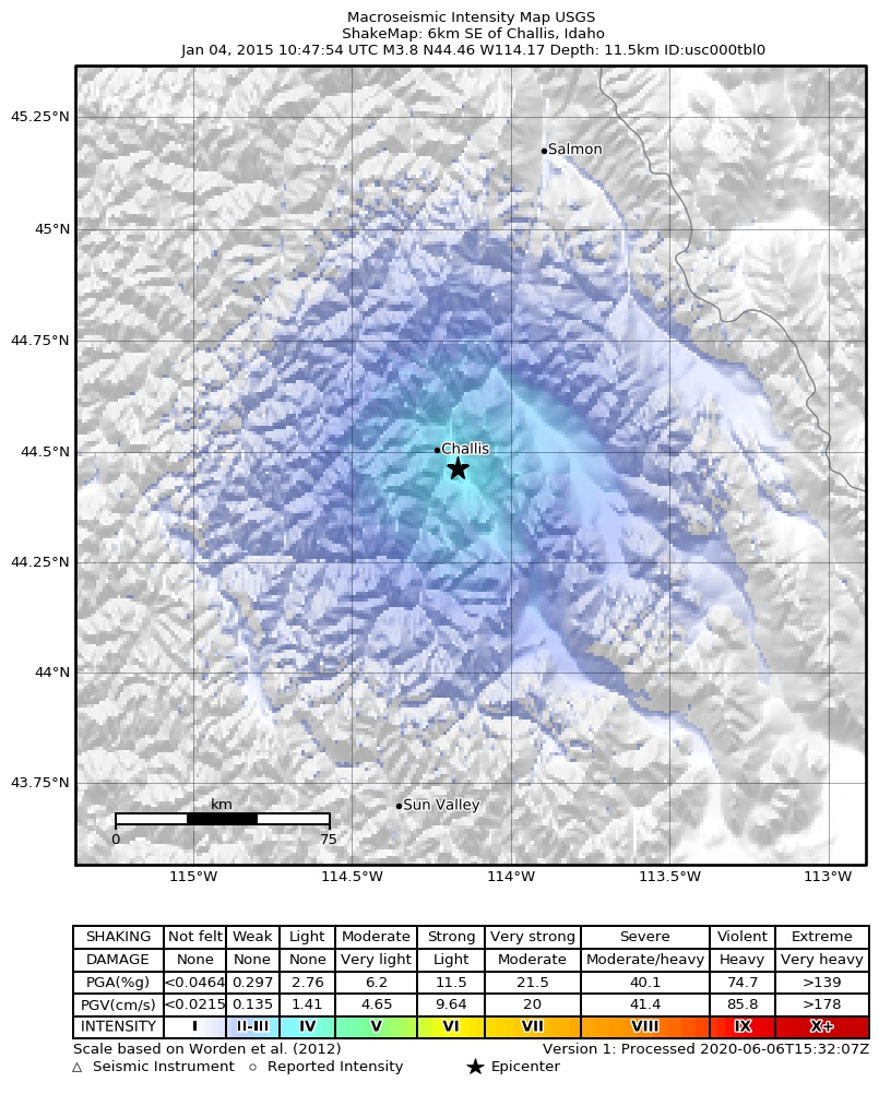 USGS ShakeMap: estimated shaking intensity around the epicenter