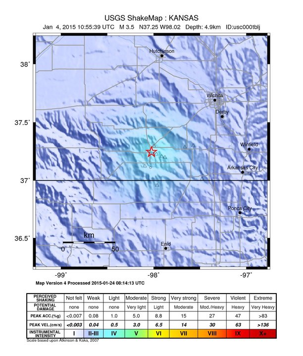 USGS ShakeMap: estimated shaking intensity around the epicenter