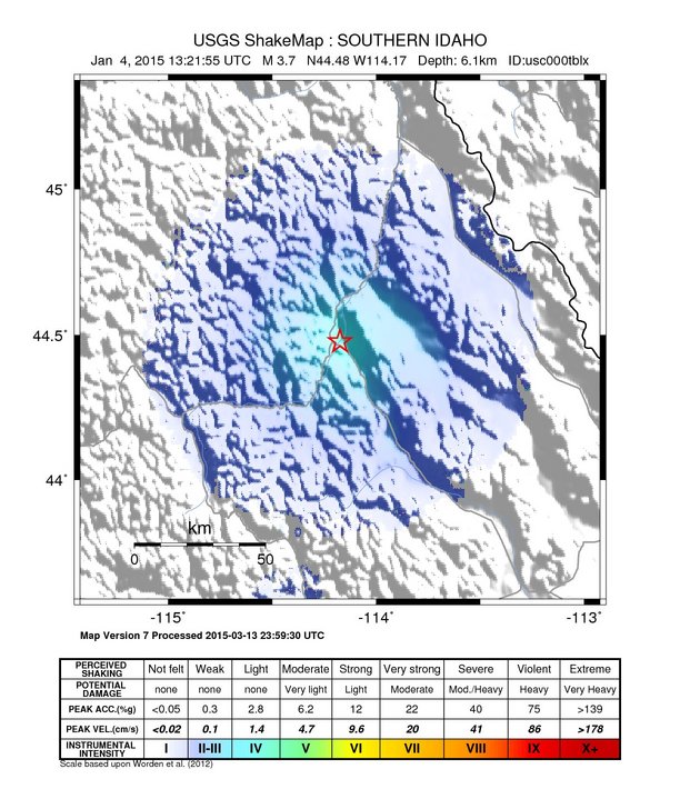 USGS ShakeMap: estimated shaking intensity around the epicenter