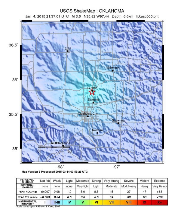USGS ShakeMap: estimated shaking intensity around the epicenter