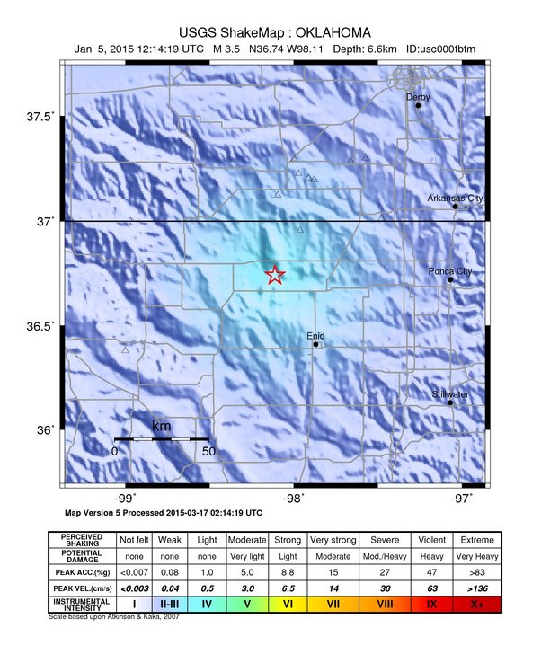 USGS ShakeMap: estimated shaking intensity around the epicenter