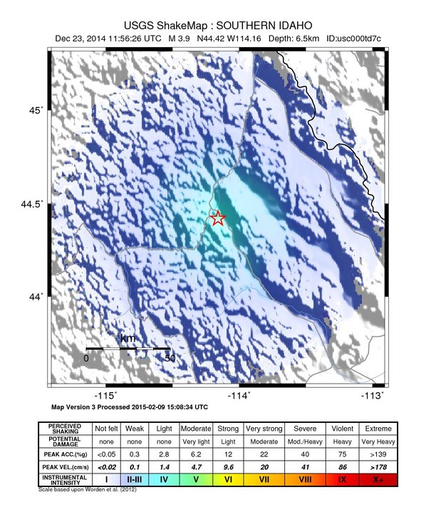 USGS ShakeMap: estimated shaking intensity around the epicenter