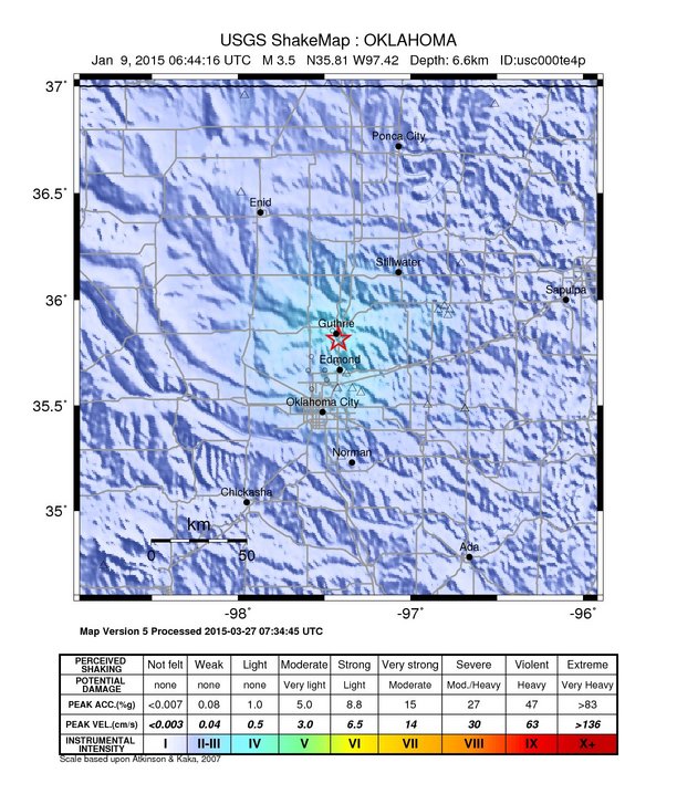 USGS ShakeMap: estimated shaking intensity around the epicenter