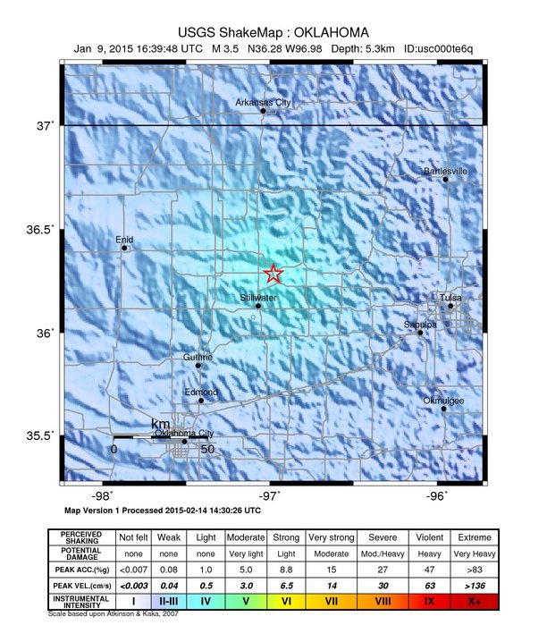 USGS ShakeMap: estimated shaking intensity around the epicenter