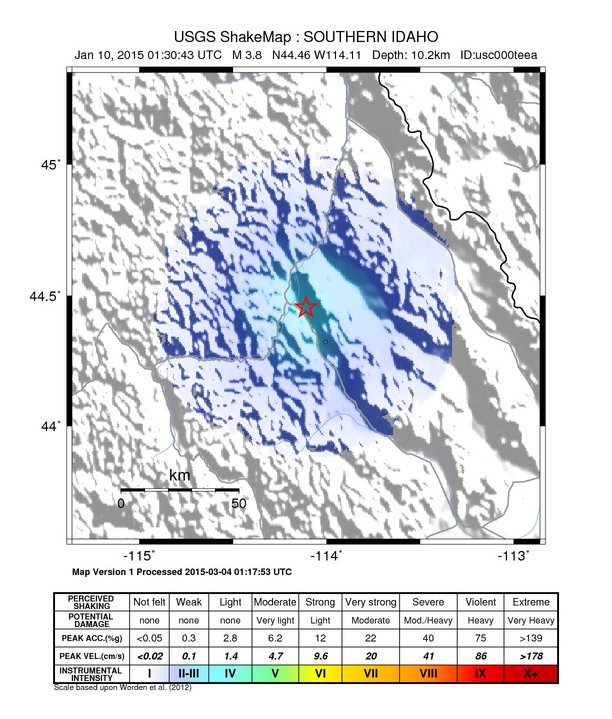 USGS ShakeMap: estimated shaking intensity around the epicenter