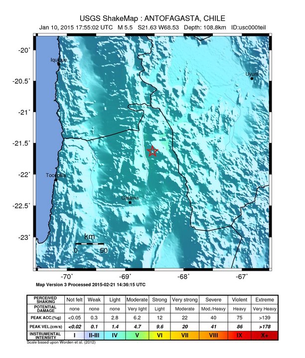 USGS ShakeMap: estimated shaking intensity around the epicenter