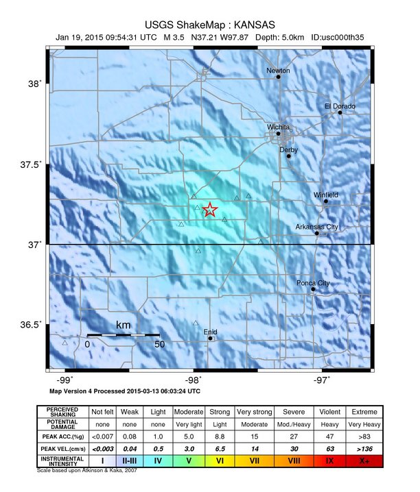 USGS ShakeMap: estimated shaking intensity around the epicenter