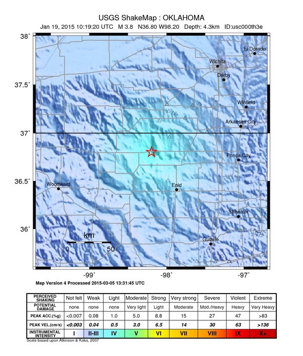 USGS ShakeMap: estimated shaking intensity around the epicenter