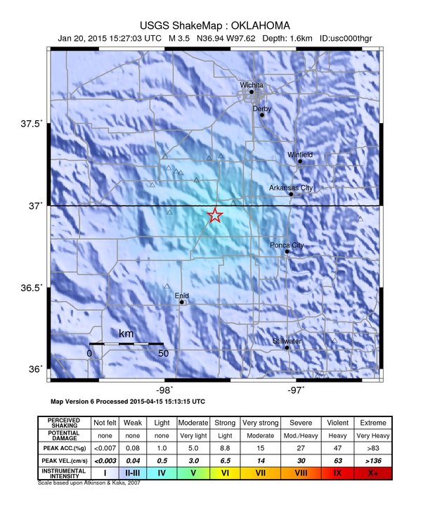 USGS ShakeMap: estimated shaking intensity around the epicenter