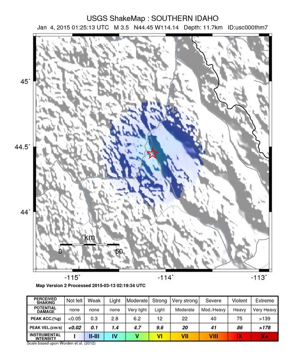 USGS ShakeMap: estimated shaking intensity around the epicenter