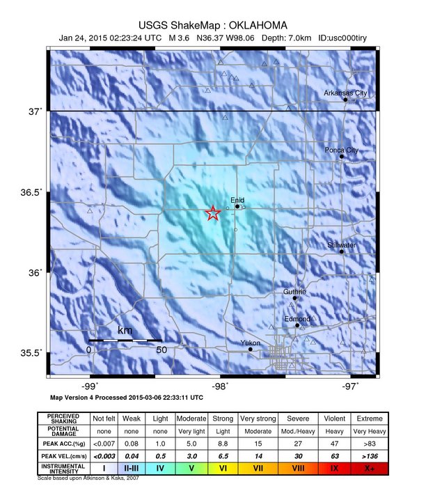USGS ShakeMap: estimated shaking intensity around the epicenter