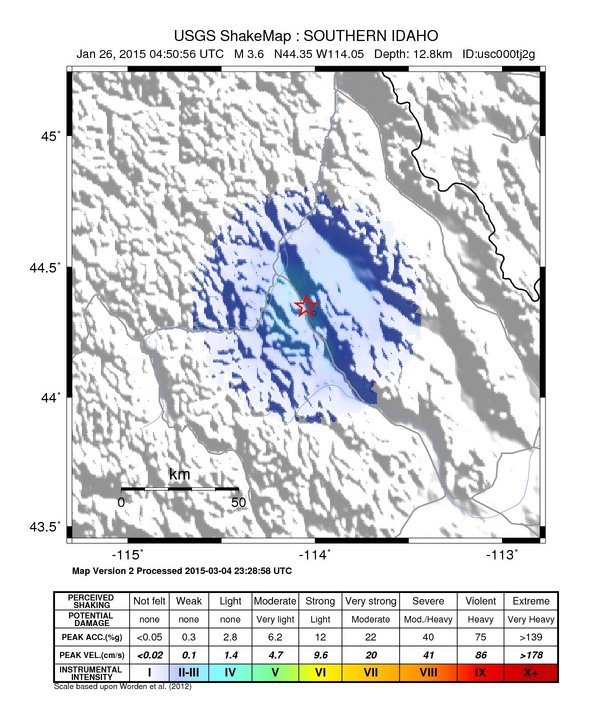USGS ShakeMap: estimated shaking intensity around the epicenter