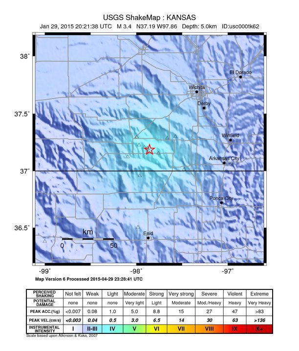 USGS ShakeMap: estimated shaking intensity around the epicenter