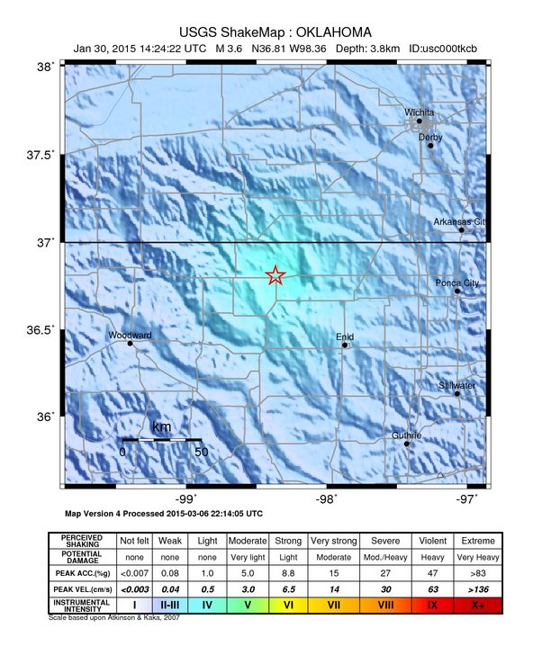 USGS ShakeMap: estimated shaking intensity around the epicenter