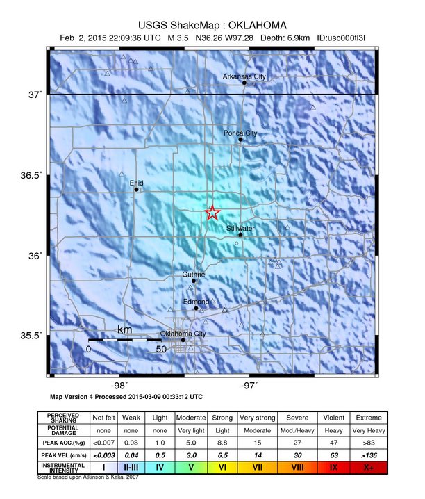 USGS ShakeMap: estimated shaking intensity around the epicenter