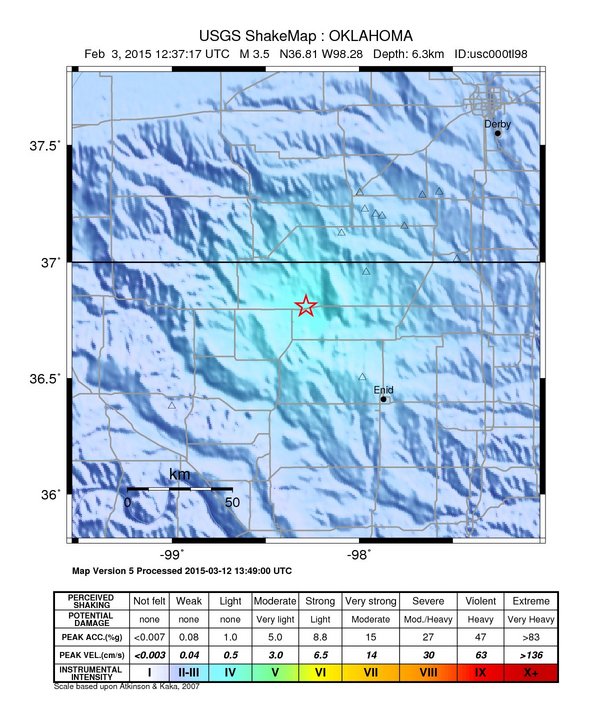 USGS ShakeMap: estimated shaking intensity around the epicenter