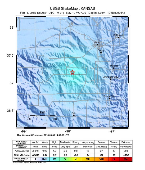 USGS ShakeMap: estimated shaking intensity around the epicenter