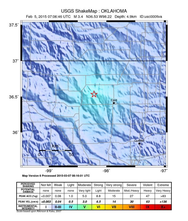 USGS ShakeMap: estimated shaking intensity around the epicenter