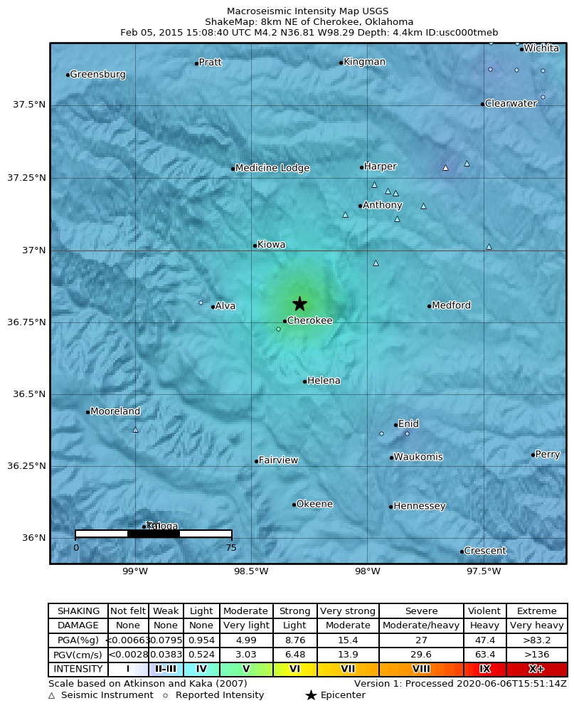 USGS ShakeMap: estimated shaking intensity around the epicenter