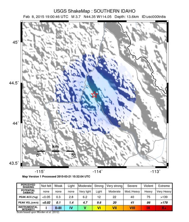USGS ShakeMap: estimated shaking intensity around the epicenter