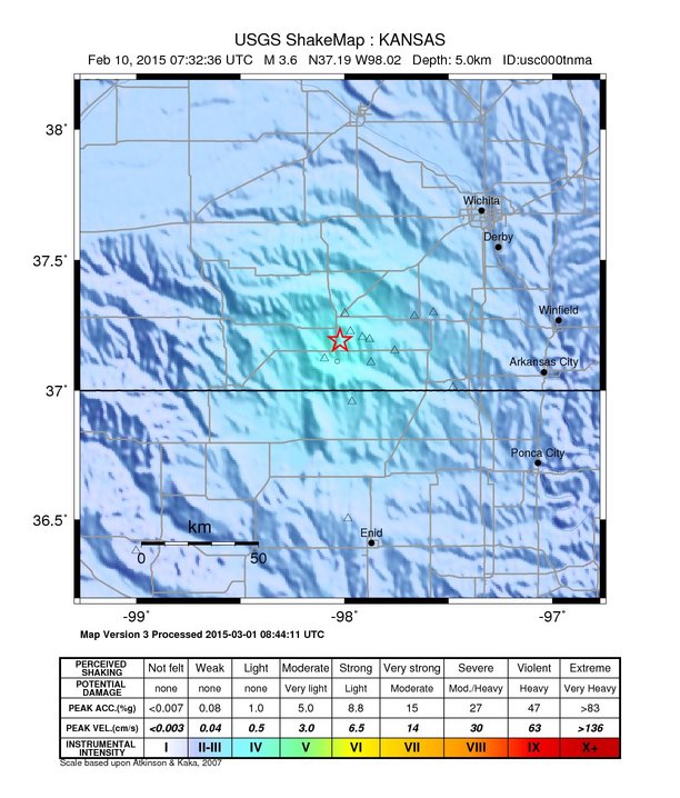 USGS ShakeMap: estimated shaking intensity around the epicenter