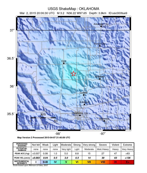 USGS ShakeMap: estimated shaking intensity around the epicenter
