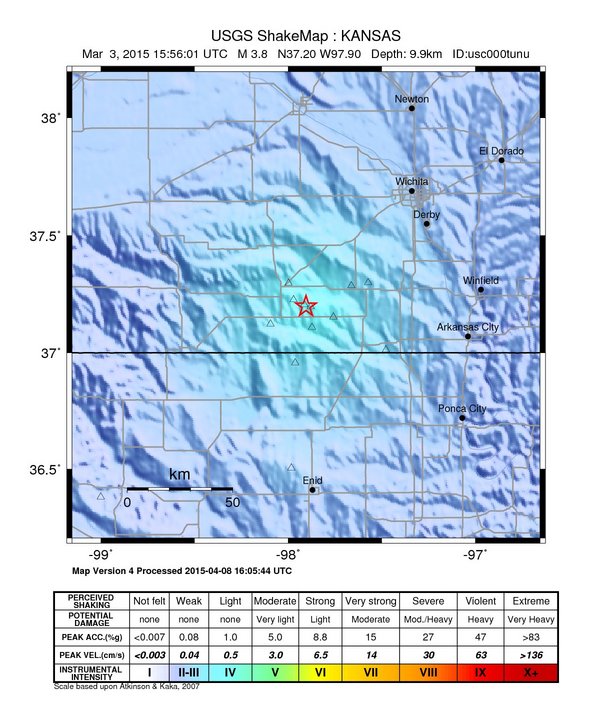 USGS ShakeMap: estimated shaking intensity around the epicenter