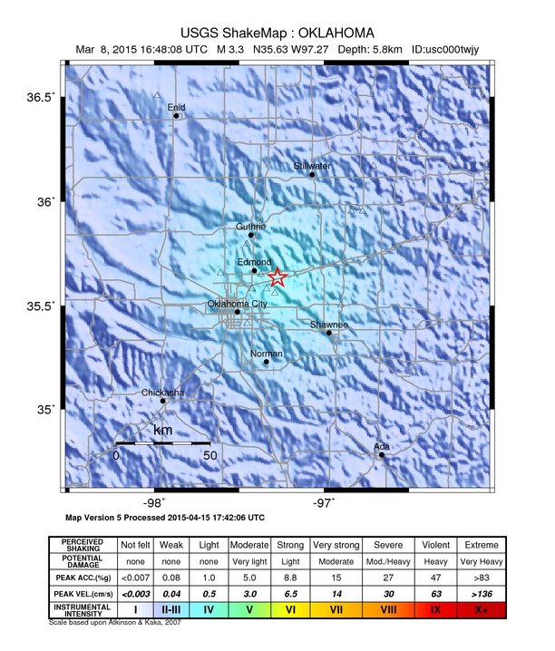 USGS ShakeMap: estimated shaking intensity around the epicenter
