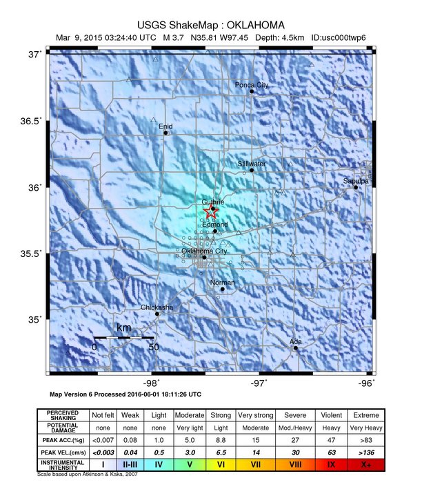 USGS ShakeMap: estimated shaking intensity around the epicenter