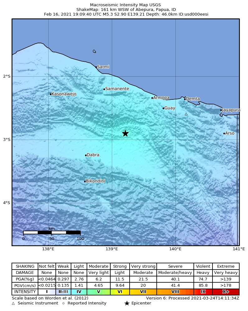 USGS ShakeMap intensity contours for the M5.3 earthquake near 161 km WSW of Abepura, Indonesia