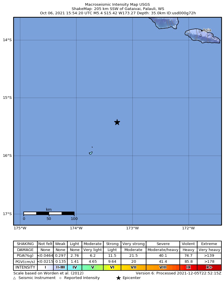 USGS ShakeMap intensity contours for the M5.4 earthquake near 81 km NE of Hihifo, Tonga