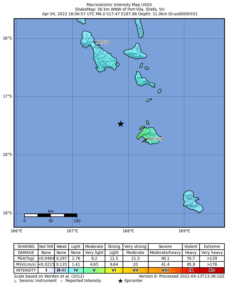 USGS ShakeMap intensity contours for the M6.0 earthquake near 56 km WNW of Port-Vila, Vanuatu