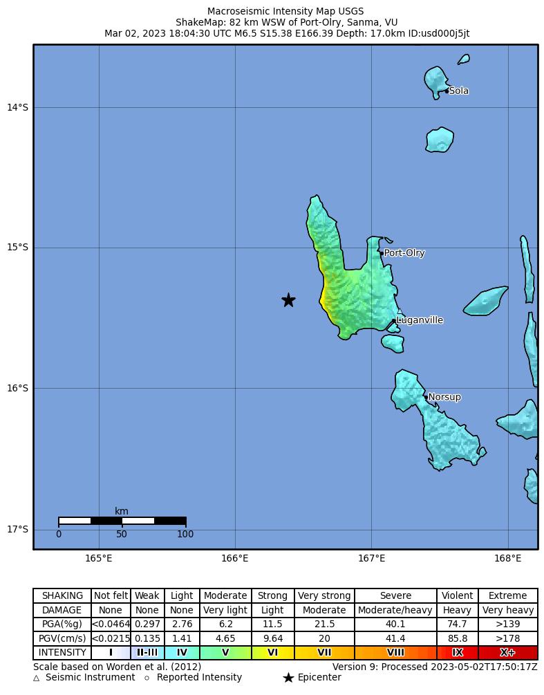 USGS ShakeMap intensity contours for the M6.5 earthquake near 83 km WSW of Port-Olry, Vanuatu