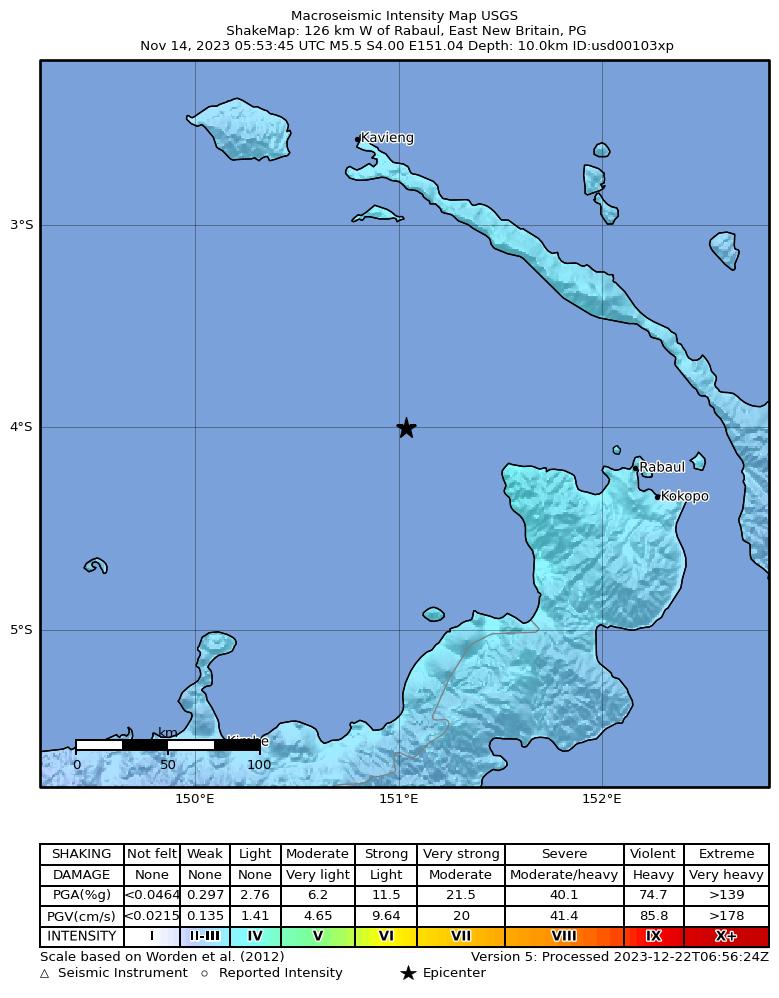USGS ShakeMap intensity contours for the M5.5 earthquake near 126 km W of Rabaul, Papua New Guinea