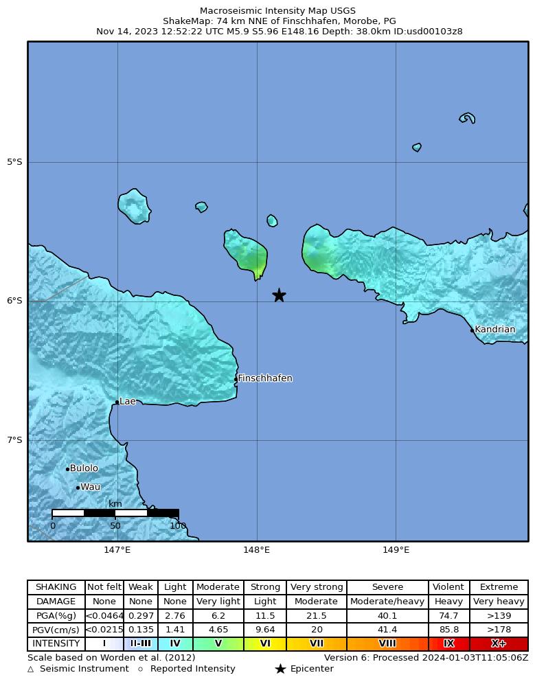 USGS ShakeMap intensity contours for the M5.9 earthquake near 74 km NNE of Finschhafen, Papua New Guinea