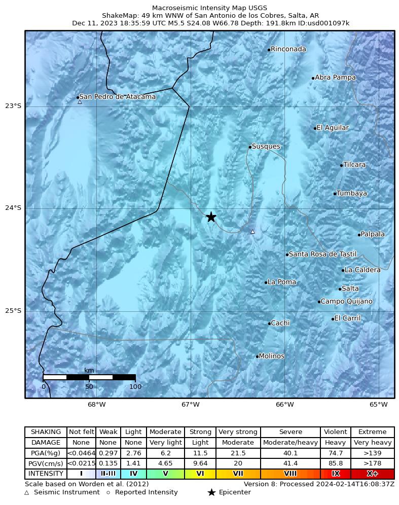 USGS ShakeMap intensity contours for the M5.5 earthquake near 49 km WNW of San Antonio de los Cobres, Argentina