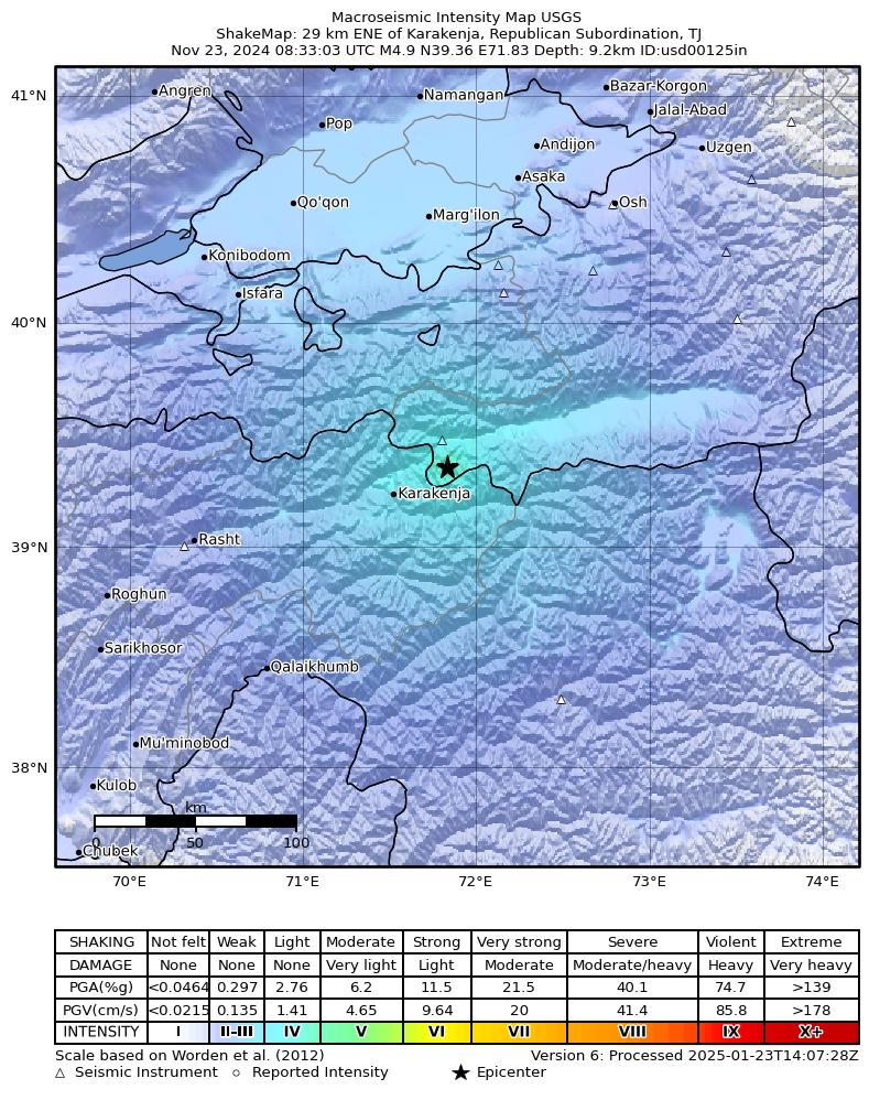 USGS ShakeMap intensity contours for the M4.9 earthquake near 29 km ENE of Karakenja, Tajikistan