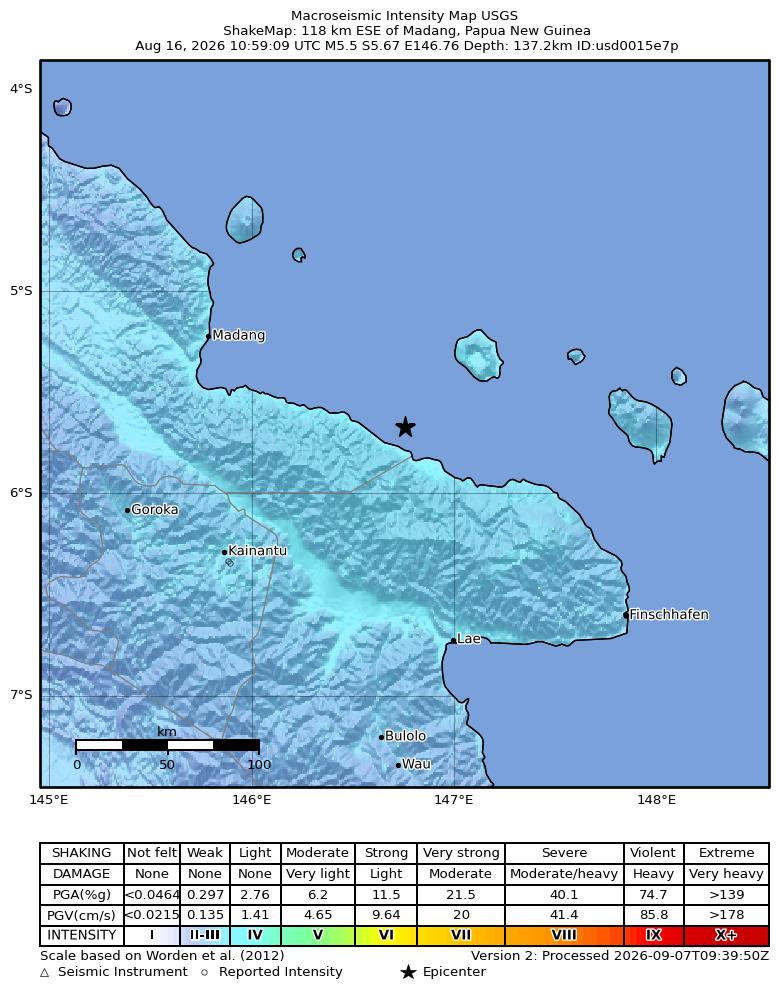 USGS ShakeMap intensity contours for the M5.5 earthquake near 118 km ESE of Madang, Papua New Guinea