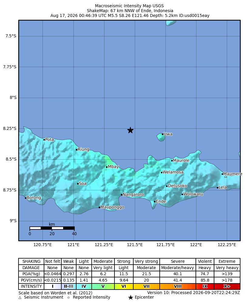 USGS ShakeMap: estimated shaking intensity around the epicenter