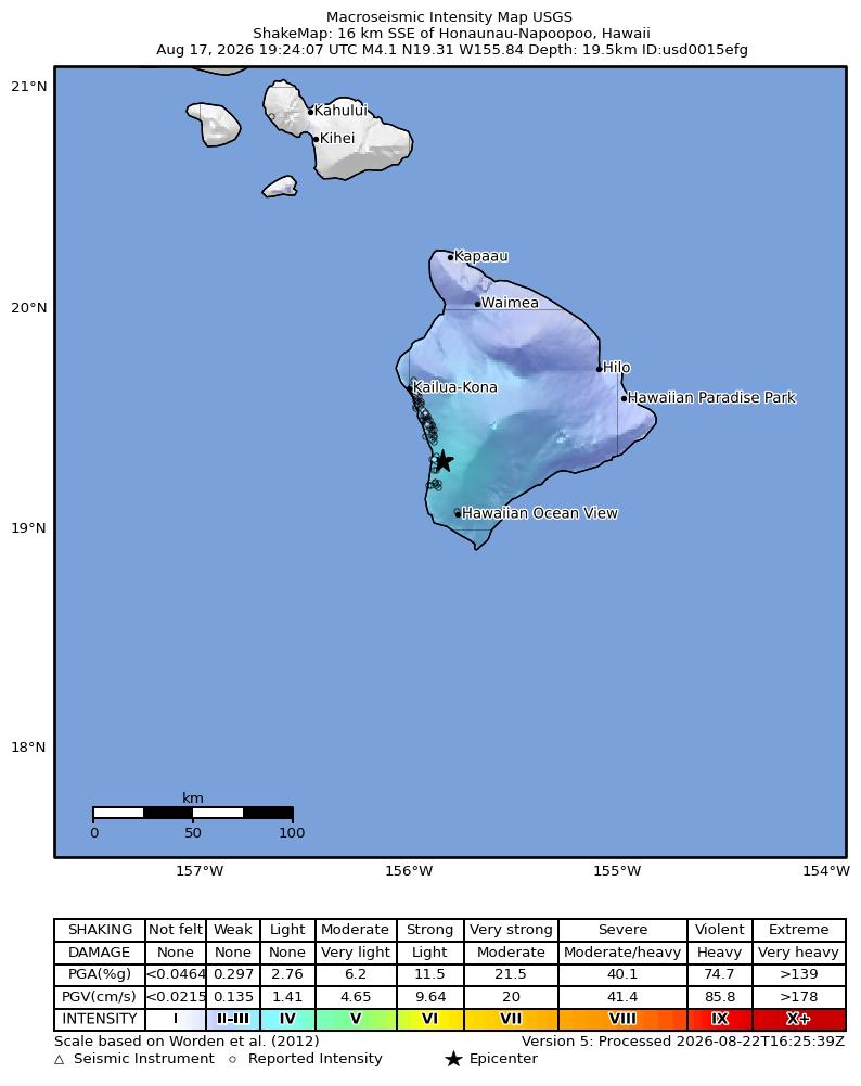 USGS ShakeMap intensity contours for the M4.1 earthquake near 16 km SSE of Honaunau-Napoopoo, Hawaii