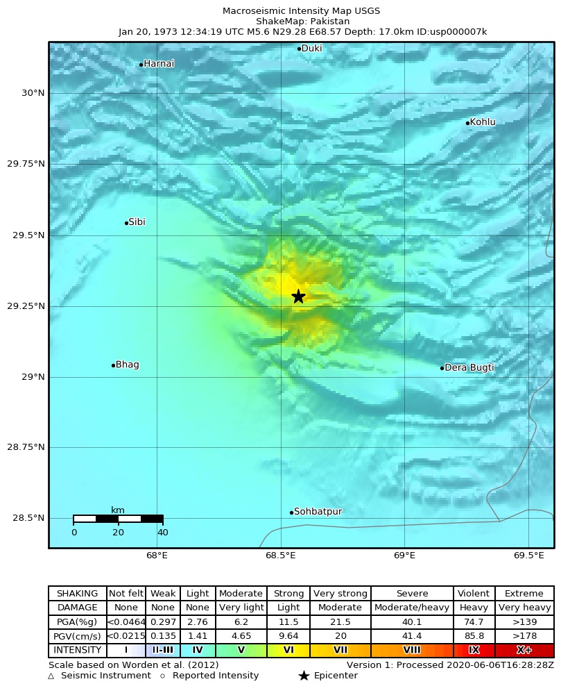 USGS ShakeMap: estimated shaking intensity around the epicenter