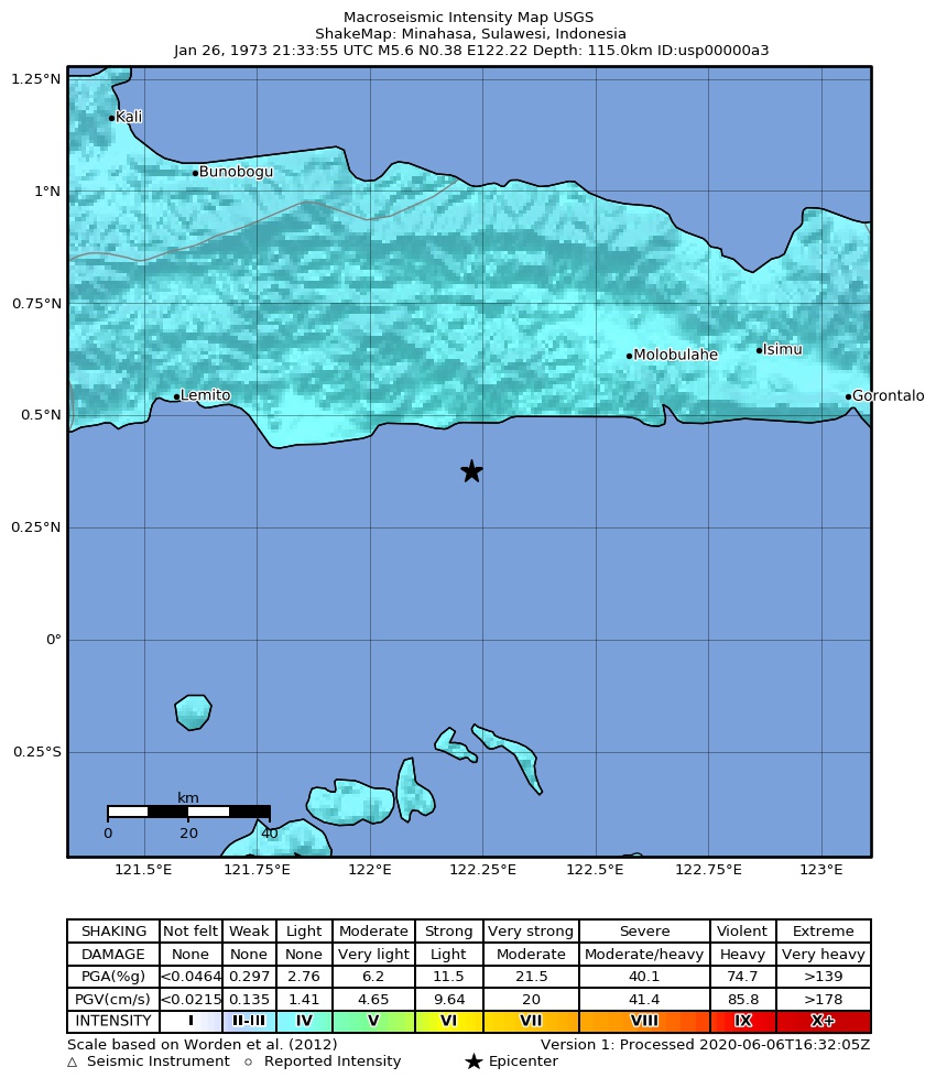 USGS ShakeMap: estimated shaking intensity around the epicenter