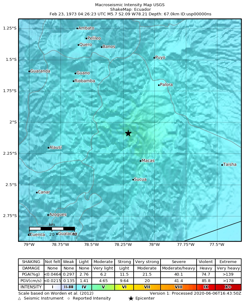 USGS ShakeMap: estimated shaking intensity around the epicenter