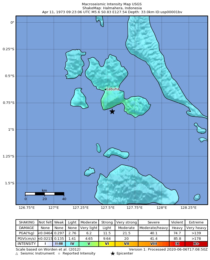 USGS ShakeMap: estimated shaking intensity around the epicenter