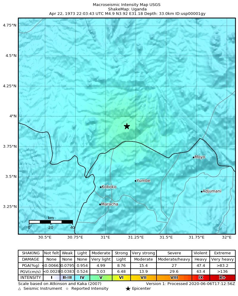 USGS ShakeMap: estimated shaking intensity around the epicenter