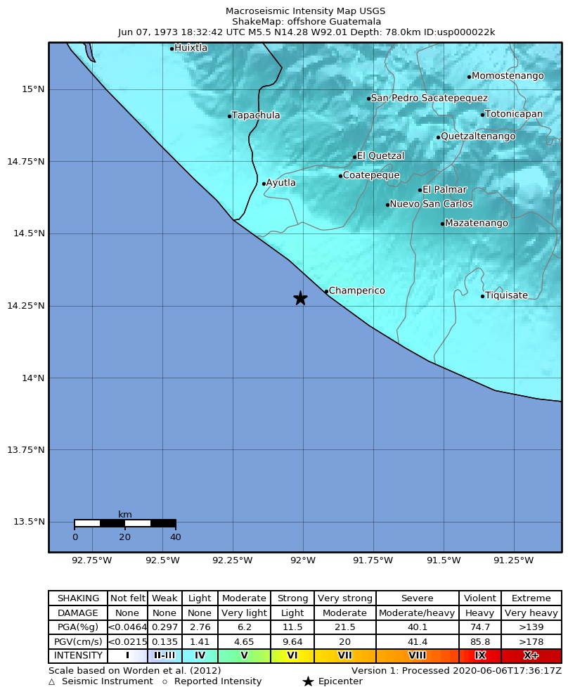 USGS ShakeMap: estimated shaking intensity around the epicenter