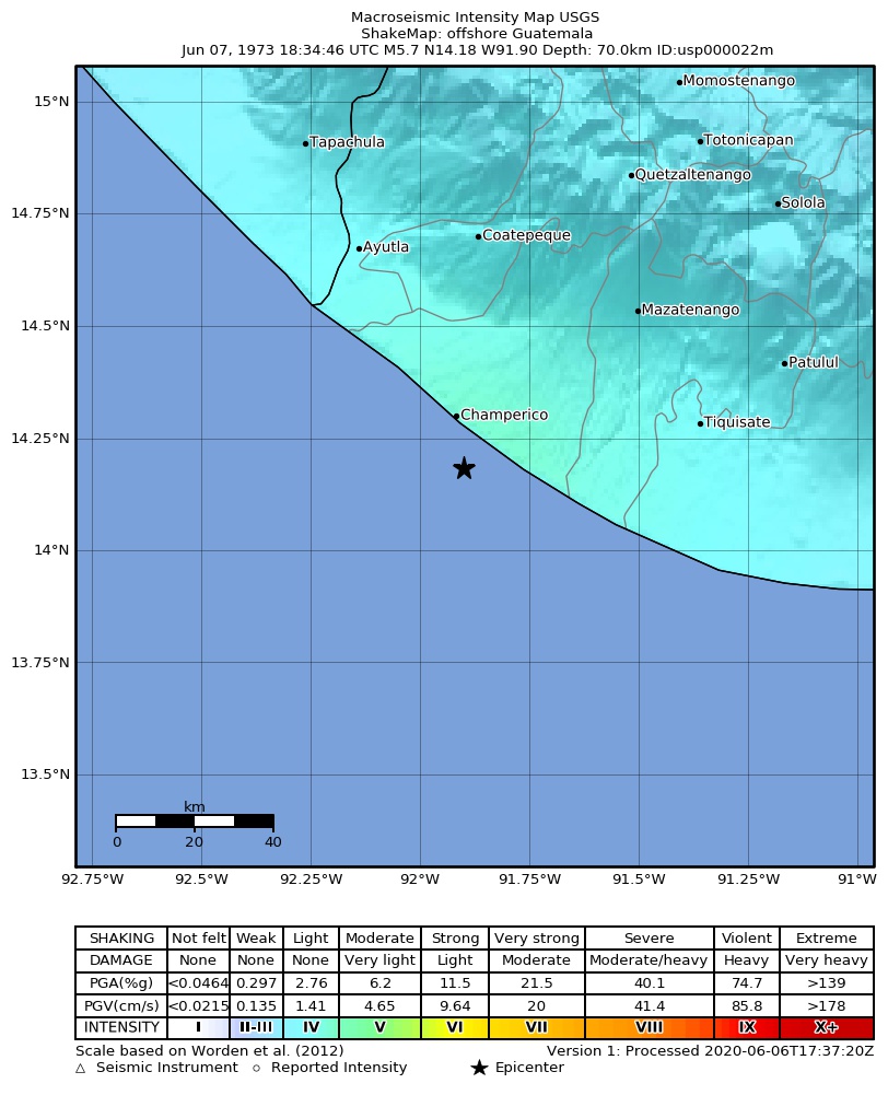 USGS ShakeMap: estimated shaking intensity around the epicenter